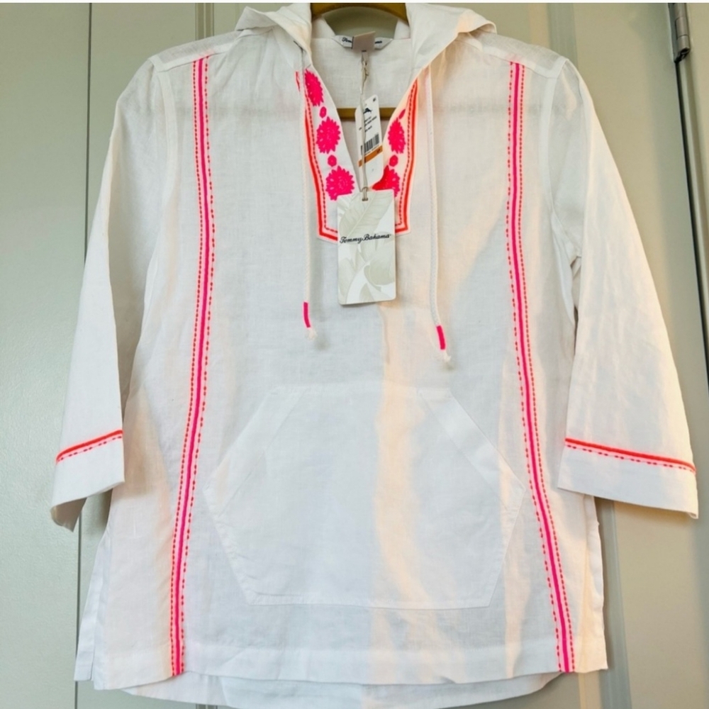 NWT Tommy Bahama Esmeralda Embroidered White Linen Hoodie, Size S - Picture 3 of 7
